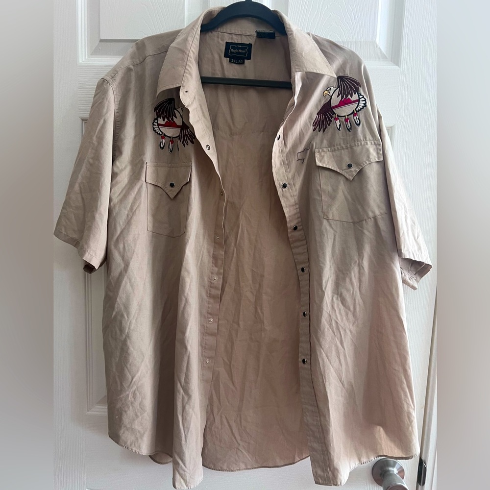 High Noon 2XL shirt with eagles on it. Shirt sleeve, collared, khaki colored.